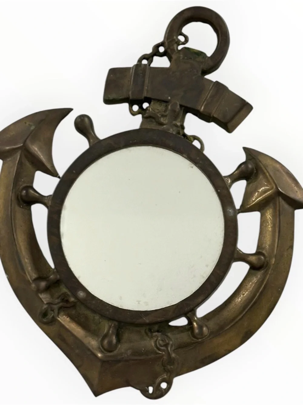Vintage 1970s PWF Brass Anchor Wall Mirror 12.75” Nautical